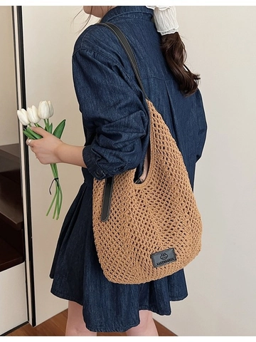 Sac à Épaule Hobo Tissé pour Femmes Sac au Crochet avec Bandoulière en Cuir Grande Capacité Sac de Plage Bohème pour Vacances Quotidien