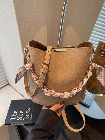 Borsa a Secchiello da Donna in Pelle PU Motivo Litchi Manico a Catena con Foulard Chiusura Magnetica Borsa a Tracolla