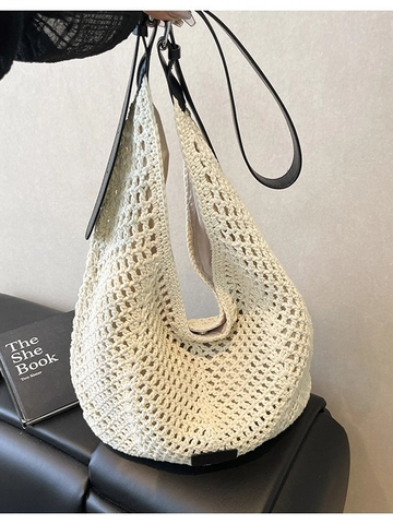 Sac à Épaule en Paille Tissée pour Femmes Sac Cabas au Crochet Ajouré Boho Vacances Sac Sous le Bras Avec Bandoulière en Cuir