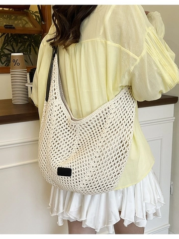 Sac à Épaule en Paille Tissée pour Femmes Sac Cabas au Crochet Ajouré Boho Vacances Sac Sous le Bras Avec Bandoulière en Cuir