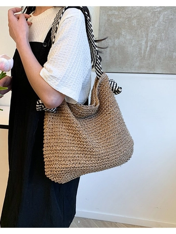 Bolso Tote de Paja Tejida Grande para Mujer Verano Playa Vacaciones Casual Correa a Rayas Bolso de Hombro Suave