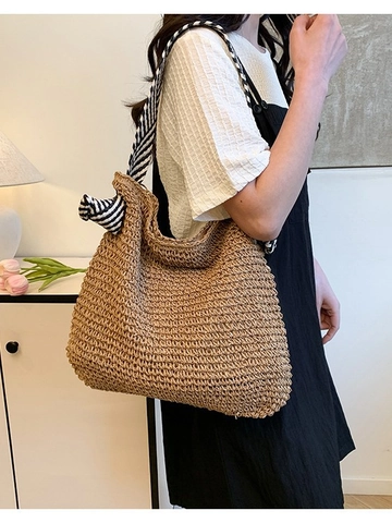 Bolso Tote de Paja Tejida Grande para Mujer Verano Playa Vacaciones Casual Correa a Rayas Bolso de Hombro Suave