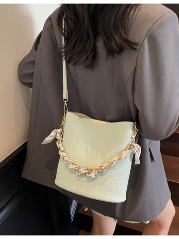 Sac Seau en Cuir PU Motif Lychee pour Femmes Avec Bandoulière en Chaîne Métallique et Foulard Sac à Épaule Tendance