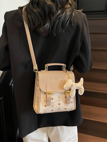 Women Cute Cartoon Bear Print PU Leather Mini Backpack Vintage Small Crossbody Bag For School Commuting Travel With Charm