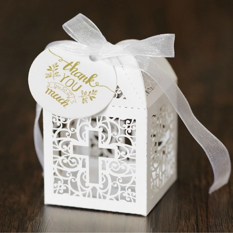 Laser Cut Hollow Cross Candy Box With Ribbon And Thank You Tag For Wedding Party Baptism Gift Favor Paper Boxes