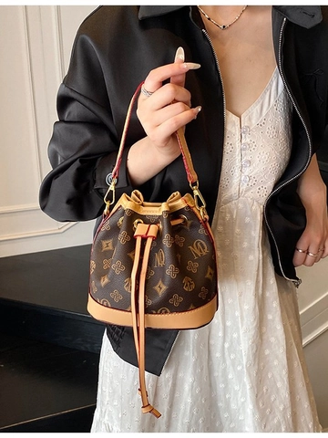 Sac Seau Mini en Cuir PU Vintage avec Imprimé de Lettres et Fleurs pour Femmes Mode Cordon de Serrage Sac à Main Cadeau