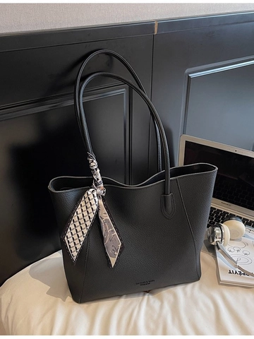 Grand Sac Fourre-tout en Cuir PU Grain de Litchi pour Femmes Avec Foulard Décoratif Sac à Épaule Couleur Unie pour Quotidien