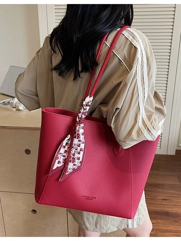 Grand Sac Fourre-tout en Cuir PU Grain de Litchi pour Femmes Avec Foulard Décoratif Sac à Épaule Couleur Unie pour Quotidien