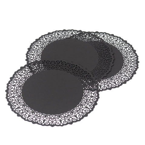 Black Round Lace Paper Doilies Hollow Out Laser Cut Vintage Floral Pattern Paper Placemat Table Decor For Baking Party Wedding