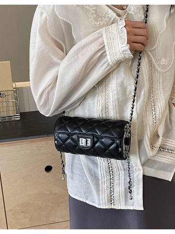 Fashion Women Quilted Diamond Pattern Cylinder Shoulder Bag Silver Chain PU Leather Small Crossbody Pillow Purse