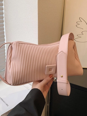 Women Pleated PU Leather Crossbody Bag Fashion Striped Pillow Shoulder Bag With Adjustable Wide Strap Casual Travel Handbag For Women