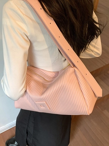 Women Pleated PU Leather Crossbody Bag Fashion Striped Pillow Shoulder Bag With Adjustable Wide Strap Casual Travel Handbag For Women