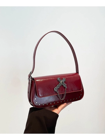 Women Gothic Punk PU Leather Shoulder Bag Cross Metal Chain Decor Rivet Y2K Small Square Underarm Axillary Bag Cell Phone Pouch