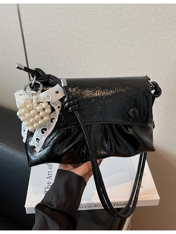 Fashion Women PU Leather Pleated Crossbody Bag Solid Color Underarm Bag With Pearl Heart Charm Large Capacity Square Bag