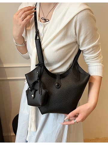 Women Stylish PU Leather Litchi Pattern Bucket Bag Large Capacity Minimalist Single Shoulder Handbag With Mini Pouch 2pcs Set