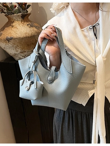 Women Stylish PU Leather Litchi Pattern Bucket Bag Large Capacity Minimalist Single Shoulder Handbag With Mini Pouch 2pcs Set