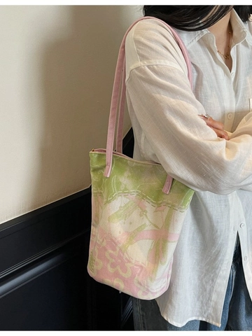 Borsa a Secchiello Casual da Donna in Tessuto con Stampa Floreale Astratta Grande Capacità Tote Bag Stile Coreano Borsa a Spalla