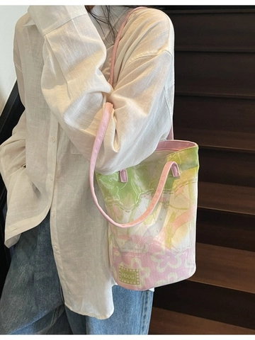 Borsa a Secchiello Casual da Donna in Tessuto con Stampa Floreale Astratta Grande Capacità Tote Bag Stile Coreano Borsa a Spalla