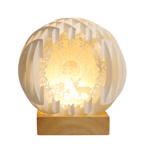 Veilleuse LED 3D en Papier Découpé Sphère de Noël Motif Bonhomme de Neige Renne Lampe avec Base en Bois Décoration