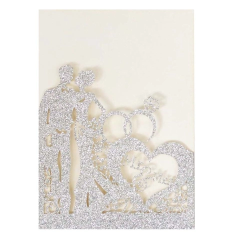 Tasca per Inviti di Matrimonio in Carta Luccicante Taglio Laser Design con Cuore Anello e Sposi Copertura per Biglietti