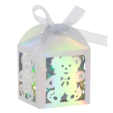 Laser Cut Hollow Bear Candy Box With Ribbon Bow Mirror Metallic Pearl Paper Gift Boxes For Wedding Birthday Party Favors