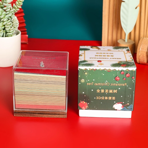 3D Paper Sculpture Christmas Tree Memo Pad Laser Engraving Creative Note Pad With Acrylic Cover Wooden Base Christmas Decoration Gift