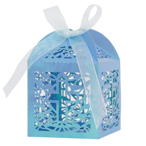 Elegante Caja de Caramelos de Cruz Hueca Corte Láser Embalaje de Regalo para Boda Bautismo Papel Caja de Favor Con Cinta