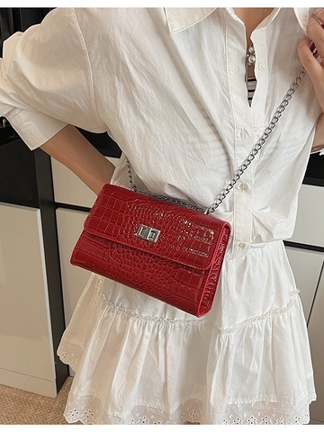 Women Crocodile Embossed PU Leather Chain Crossbody Bag Vintage Square Shoulder Bag With Metal Lock Fashion Messenger Bag Elegant Handbag