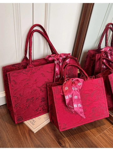 Vintage Jacquard Floral Tote Bag Red Wedding Handbag With Ribbon Bow Large Capacity Shoulder Bag For Women Daily Casual
