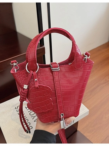 Damen Mini Krokodilmuster PU Leder Beuteltasche Kleine Schulter Crossbody Handtasche Mit Bärenanhänger Modetasche