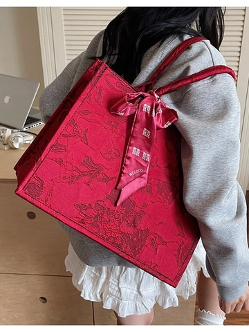 Vintage Jacquard Floral Tote Bag Red Wedding Handbag With Ribbon Bow Large Capacity Shoulder Bag For Women Daily Casual