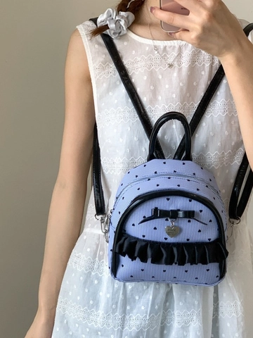 Women's Mini Fashion Backpack Blue Striped Heart Pattern With Bowknot And Ruffle Decor Stylish PU Leather Daily Bookbag