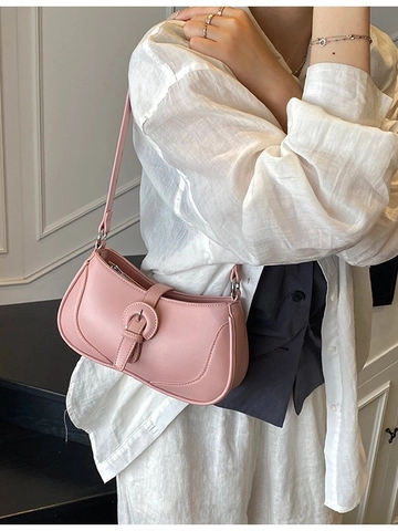 Women PU Leather Crescent Shoulder Bag Fashion Stitching Belt Buckle Underarm Bag Trendy Solid Color Crossbody Handbag For Ladies