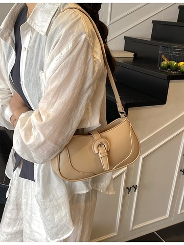 Women PU Leather Crescent Shoulder Bag Fashion Stitching Belt Buckle Underarm Bag Trendy Solid Color Crossbody Handbag For Ladies