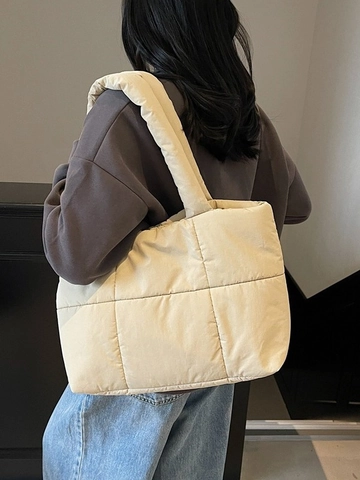 Grand Sac Cabas Matelassé Sac à Épaule en Polyester Léger Couleur Unie Sac à Main Décontracté pour Femme Voyage Quotidien