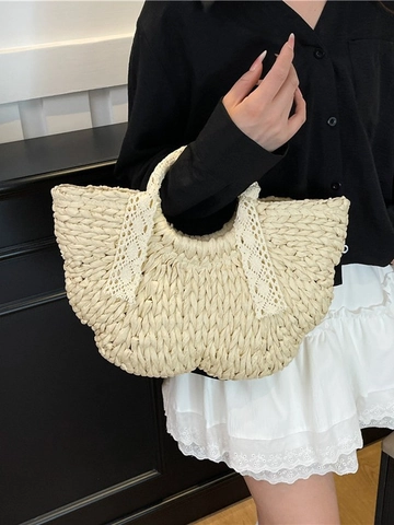 Women Straw Woven Crossbody Bag Handmade Semi-circular Beach Vacation Handbag With Lace Bow Drawstring Casual Tote Bag