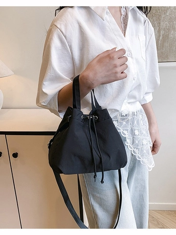Damen Nylon Kordelzug Eimertasche Lässige Leichte Einfarbige Schultertasche Umhängetasche Reise Alltag Handtasche