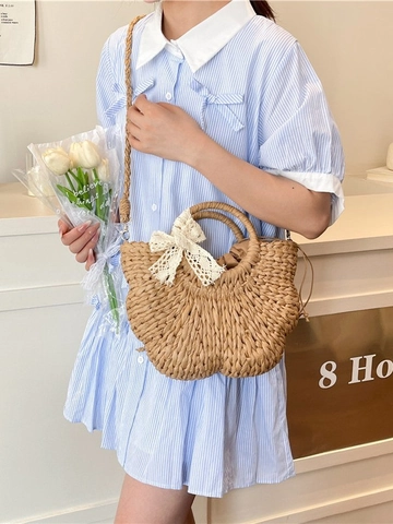 Women Straw Woven Crossbody Bag Handmade Semi-circular Beach Vacation Handbag With Lace Bow Drawstring Casual Tote Bag