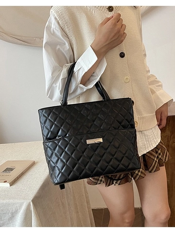 Women Quilted Diamond Lattice Tote Bag Large Capacity PU Leather Backpack Chic Commuter Shoulder Bag Multi-functional Top Handle Bag