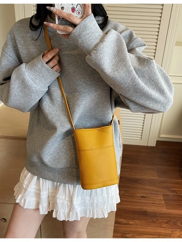Women Minimalist PU Leather Pebble Grain Bucket Crossbody Bag Korean Style Small Phone Bag With Adjustable Strap Solid Color Handbag