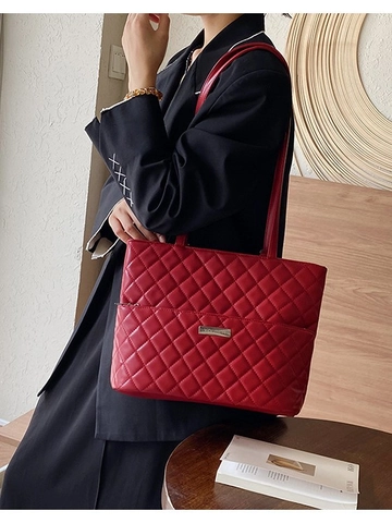 Women Quilted Diamond Lattice Tote Bag Large Capacity PU Leather Backpack Chic Commuter Shoulder Bag Multi-functional Top Handle Bag