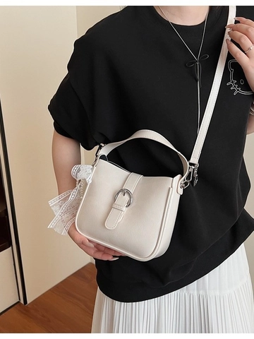 Women PU Leather Bucket Bag Korean Style Underarm Shoulder Bag With Lace Ribbon Artificial Pearl Charm Commuter Handbag
