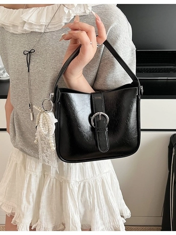 Women PU Leather Bucket Bag Korean Style Underarm Shoulder Bag With Lace Ribbon Artificial Pearl Charm Commuter Handbag