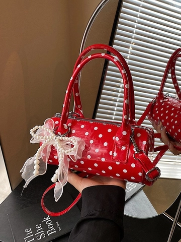 Sac Baril à Pois pour Femmes Sac Bandoulière en Cuir PU Rétro Avec Nœud en Dentelle Pendentif Perle Sac à Épaule Rond Doux