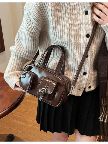 Vintage Women PU Leather Pillow Shoulder Bag Large Capacity Crossbody Handbag With Contrasting Color Pockets For Daily Commute