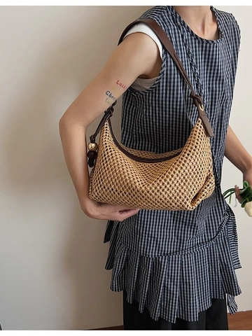 Sac à Épaule en Paille Tissée Rétro pour Femmes Grande Capacité Sac Hobo Avec Pendentif en Perles Bandoulière Cuir Kaki