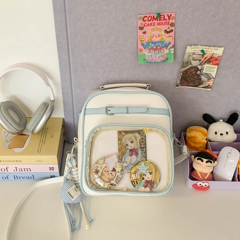 Japanese Kawaii Ita Bag Women PU Leather Clear PVC Window Backpack Display Bag For Anime Badges Large Capacity School Bag