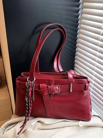 Sac à Épaule Sous le Bras en Cuir PU Rétro pour Femmes Avec Boucle de Ceinture Décorative Pendentif Gland Grand Fourre-tout de Mode