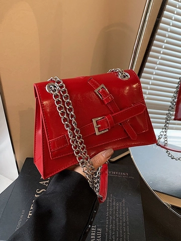 Women Fashion Small Square Bag PU Patent Leather Shoulder Bag With Silver Chain Strap Belt Buckle Trendy Crossbody Bag