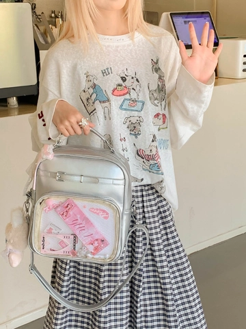 Sac à Dos Ita Bag pour Femme Style Preppy avec Fenêtre Transparente en Cuir PU Sac à Bandoulière avec Pendentif